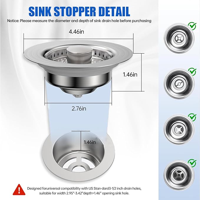 Kitchen Sink Drain Strainer, 304 Stainless Steel Sink Drain Plug, Quick Drain Kitchen Sink Plug with Anti-Clog Strainer Kitchen Sink Protector for U.S. Standard 3-1/2 Inch Sink Drain Holes.