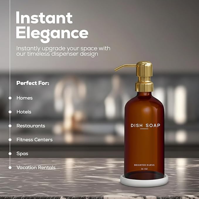 Luxury Glass Dish Soap Dispenser for Kitchen Sink by Brighter Barns - Kitchen Soap Dispenser Set with Pump & Tray - Refillable Glass Bottle for Liquid - Luxury Home Decor for Airbnb, Gift (Amber/Gold)