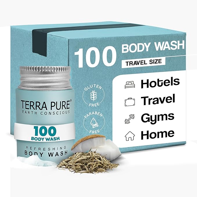 Terra Pure Travel Size Hotel Body Wash, 1 oz Bottles (100 Count) Guest Amenities for Hotels, Vacation & Short-Term Rentals, Paraben Free, White Tea & Coconut Scent, Infused with Aloe & Olive Oil