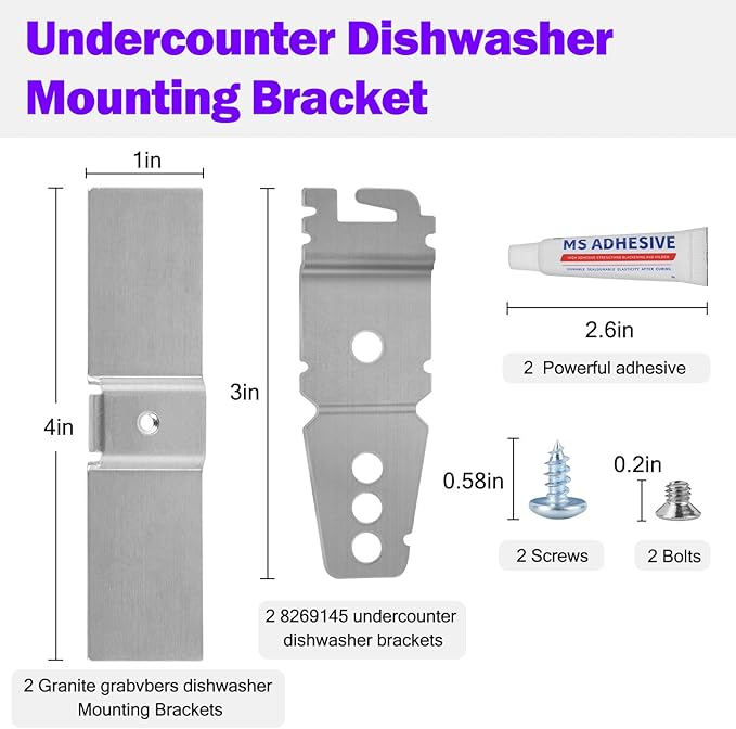 Granite Dishwasher Mounting Bracket Kit Fits Most Under Counter Dishwasher Mounting Bracket For Granite Countertop Dishwasher Brackets WP8269145 AP6012289 PS11745496 With Glue and Screws - 2 Pack