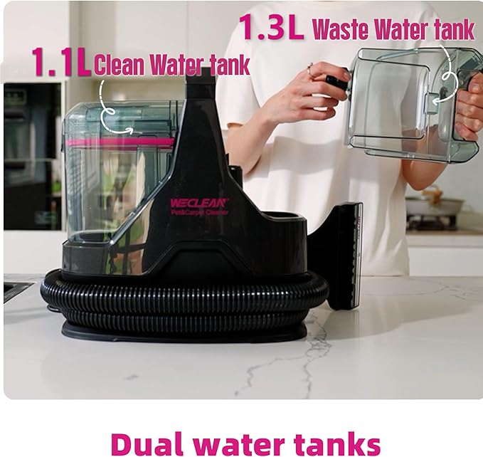 WECLEAN C3 Portable Carpet Cleaner Machine for Car, Stairs, Sofa with 18Kpa Suction and 600W Motor, Dual-Tank Spot Cleaner with 3 Brushes, Handheld Carpet and Upholstery Cleaner Black and Pink