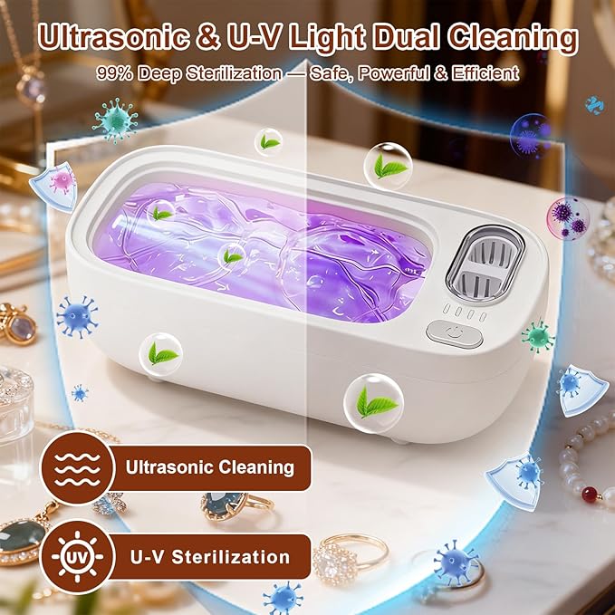 Ultrasonic Jewelry Cleaner,49KHz Professional Ultrasonic Cleaner for Eyeglasses,4 Modes Digital Timer,2 storehouse Ultrasonic jewelry cleaner for Glasses, Retainer, Watch Strap,Dentures