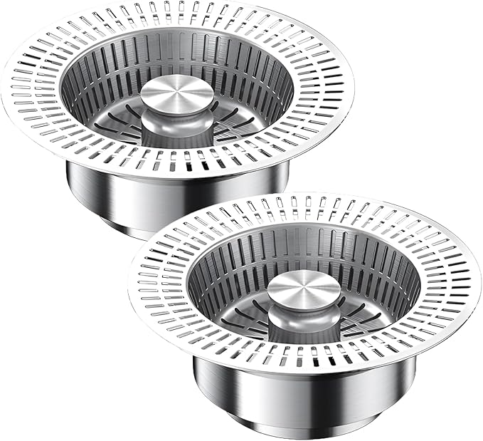 3 in 1 Kitchen Sink Drain Strainer,Universal Stainless Steel Kitchen Sink Stopper, Pop Up Anti-Clogging for 3-1/2 Inch US Standard Sink Drain Strainer (Style2-2Pcs)
