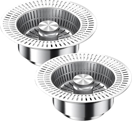 3 in 1 Kitchen Sink Drain Strainer,Universal Stainless Steel Kitchen Sink Stopper, Pop Up Anti-Clogging for 3-1/2 Inch US Standard Sink Drain Strainer (Style2-2Pcs)