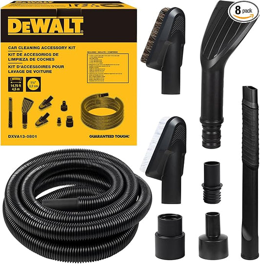 DEWALT 8-Piece Car Detailing Vacuum Hose Accessory Kit, Shop Vac Attachments for Efficient Cleaning, Compatible with Most Wet and Dry Shop Vacuum, DXVA13-0801