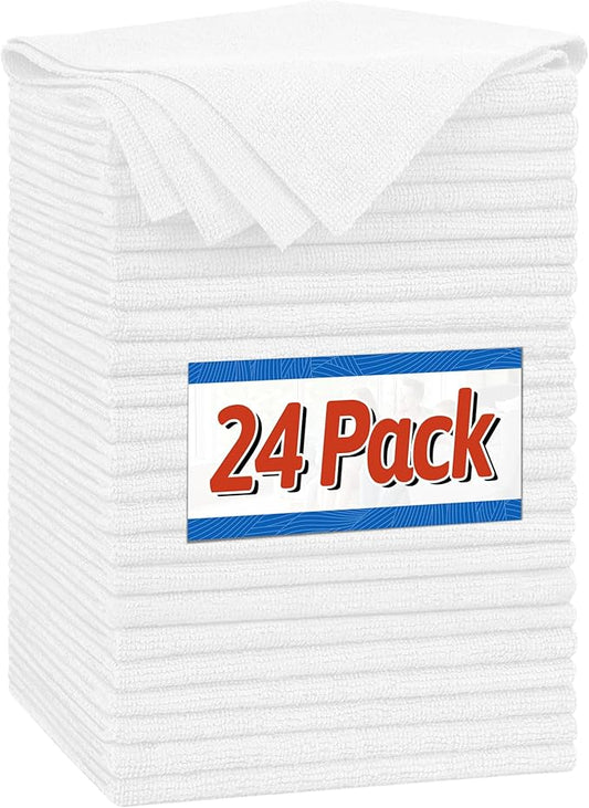 FIXSMITH Microfiber Cleaning Cloth, Shop Towels Bulk, 24 Pack White Microfiber Towels for Cars, All-Purpose Absorbent Cleaning Rags, Dust Cloth for Automotive, Mechanic, Garage, Bar, 12 x 11 inch