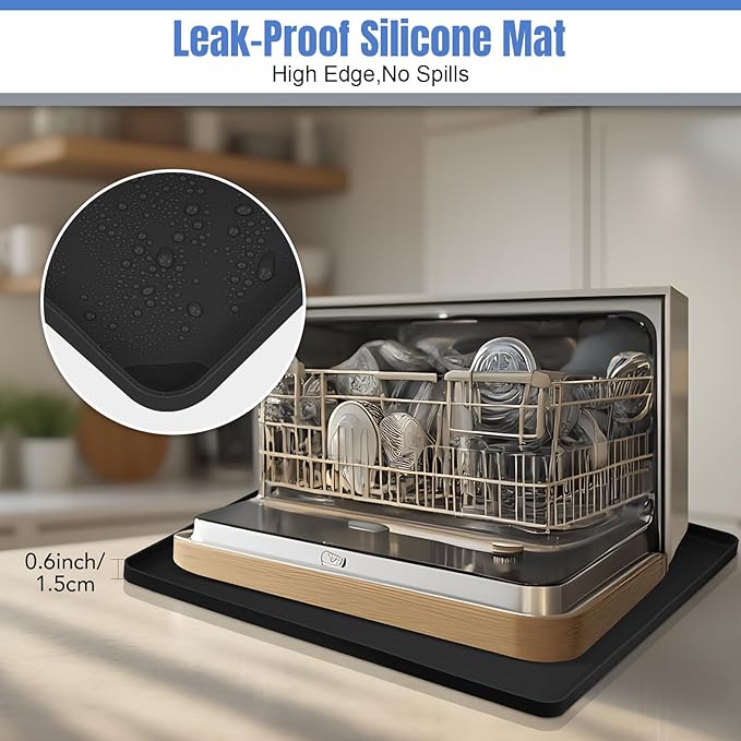 Dishwashers Drip Pan, Prevent Water Leakage and Protect Countertop & Floor, 23.6''x23.6'' Dishwasher Mat, Non-Slip & Leak-Proof Silicone Mat with 0.6'' Raised Edge, for Under Most Portable Dishwasher