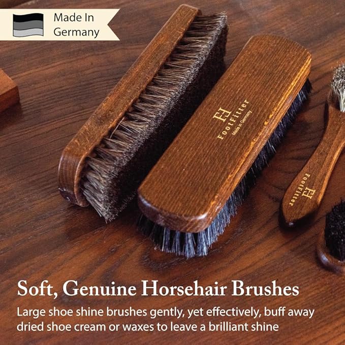 FootFitter Essential Horsehair Shoe Shine Brush Set, Shoe Care Kit with Shoe Shine Brushes & Cloths for Polishing Leather Footwear (Made in Germany)