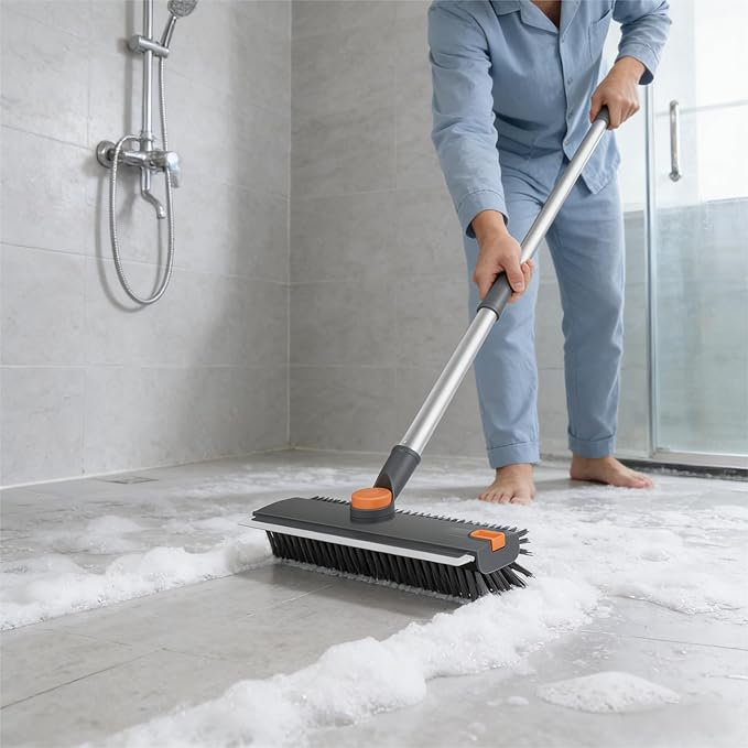 Floor Scrub V Brush with Long Handle 4 in 1 Silicone Scrape and Stiff Bristle Scrubber 360° Cleaning Brush with Tweezers for Shower Bathroom, Patio, Garage, Kitchen, Wall and Deck