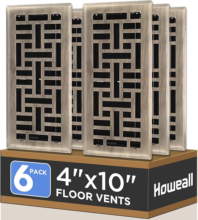 4x10 Inches 6 Pack Heavy Duty Walkable Floor Register - Easy Adjust Air Supply Lever Decorative Floor Vent Covers, Seattle Design Vent Covers for Home - Antique Brass