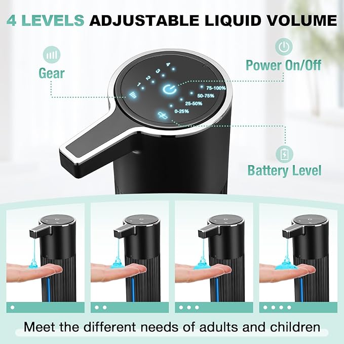 2 Pack Automatic Soap Dispenser: 14oz Plastic - Touchless 4 Level Adjustable Wall Mount Black Rechargeable Electric Auto Smart Liquid Soap Dispenser Set - Bathroom Kitchen Hand Dish Lotion