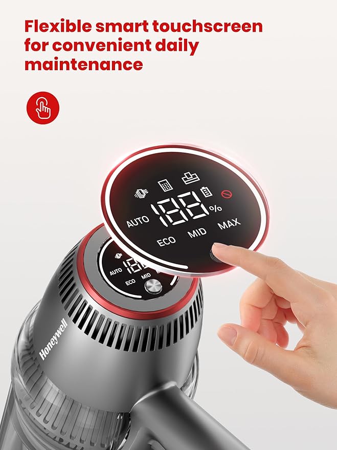 Honeywell Smart Cordless Vacuum Cleaner w/Automatic Adjustment, 10-in-1 Lightweight Stick with 3000mAh Battery 70Mins Runtime, Rechargeable Vacuum for Pet Hair/Carpet/All Floor, VC14, Graphite/Red