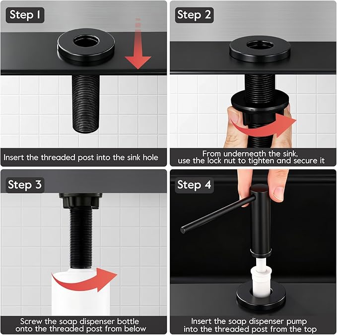 GAPPO Soap Dispenser for Kitchen Sink, Built in Sink Soap Dispenser, Matte Black Stainless Steel Pump Head, Lotion Dispenser with Refillable 17 OZ Bottle