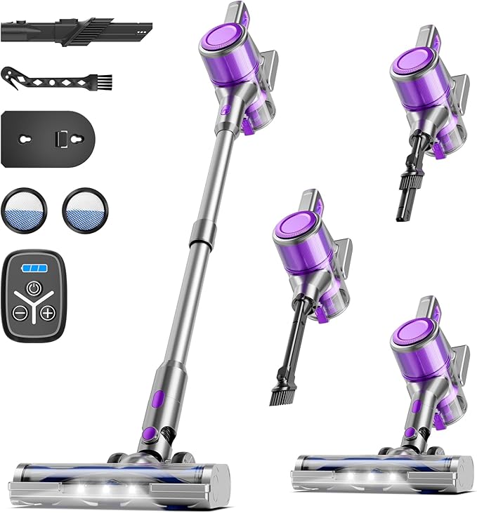 Cordless Vacuum Cleaner, 38Kpa Vacuum Cleaners for Home, 60Mins Lightweight Stick Vacuum with LED Display, Anti-Tangle & Wall Mount , 8 in 1 Lightweight Vacuum for Hard Floors Carpet Pet Hair,Purple