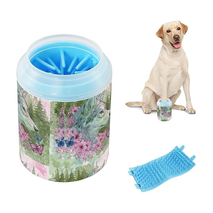 Dog Paw Cleaner Cups for Dogs Pets Foot Washer Paw Scrubber for Medium Small Cats Dogs Cute Cleaning Cup Wolf Flowers Butterfly Green