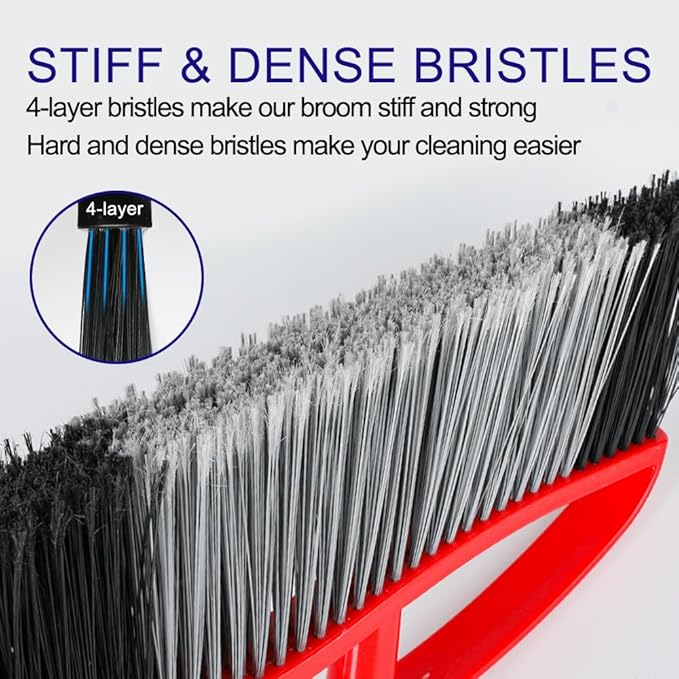 Heavy Duty Outdooor Broom - 15.7" Wide Broom with Wide Angle Design, Long Handle & Powerful Stiff Bristles for Patio, Garden, Garage, Yard (Red)