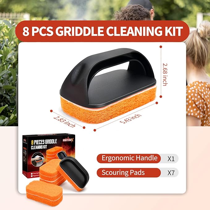 Griddle Cleaning Kit for Blackstone – Grill Stone, Non-Scratch Scouring Pads, Heavy-Duty Scraper & Ergonomic Handles – Flat Top Grill Accessories (8PCS Orange)