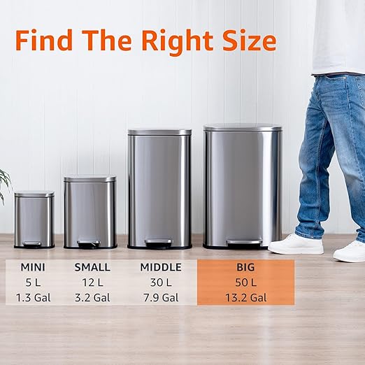 Amazon Basics Smudge Resistant Rectangular Trash Can With Soft-Close Foot Pedal, Brushed Stainless Steel, 50L/13.2 Gal, 16.7x14.7x25.9 in, Satin Nickel Finish