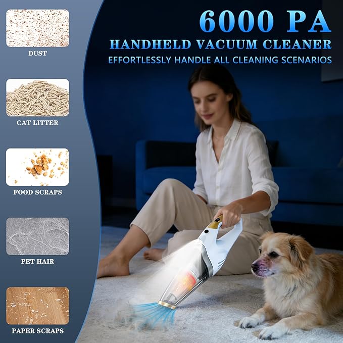 Handheld Vacuum Cordless,Car Vacuum Portable Cordless Rechargeable Hand Vacuum with LED Light, 6kpa Powerful Suction with Three Types of Suction Heads and Filters for Cat/Home/Office Cleaning