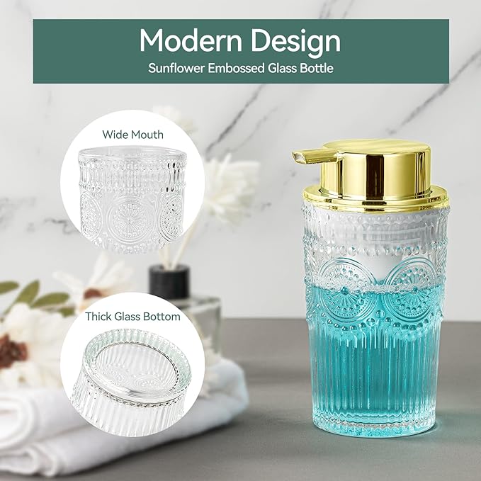 Glass Foaming Soap Dispenser - Foaming Hand Soap Dispenser for Bathroom & Kitchen, 10 OZ Transparent Foam Hand Wash Dispenser, Refillable Dish Dispenser Golden Pump