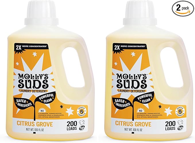 Molly's Suds Liquid Laundry Detergent | Clean Laundry Detergent Soap for Sensitive Skin | 2x Concentrated, High Efficiency (HE) (Citrus Grove - 200 Loads) (Pack of 2)