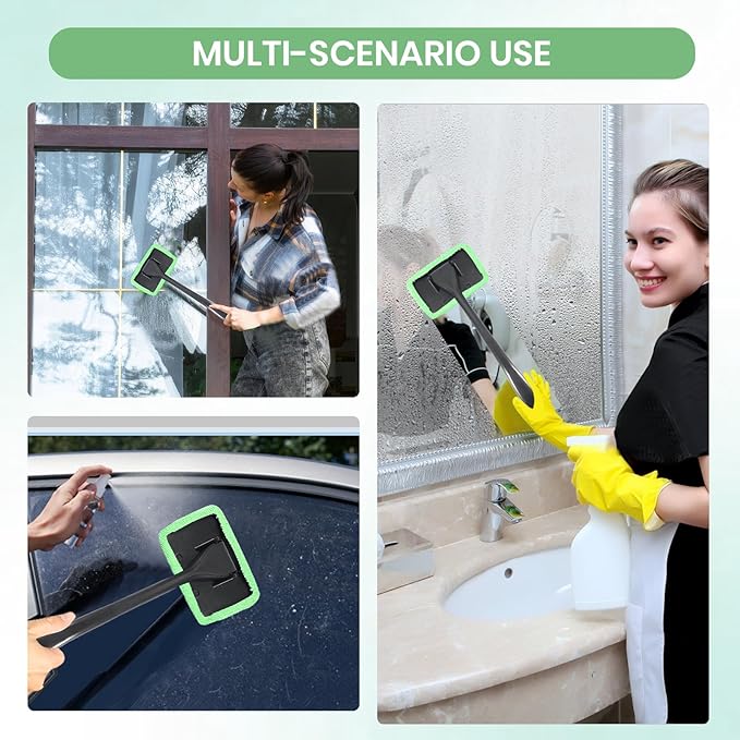 6PCS Windshield Cleaning Tool Car Window Cleaner with 5 Reusable and Washable Microfiber Pads and Extendable Handle Auto Inside Glass Wiper Kit Green (Green)