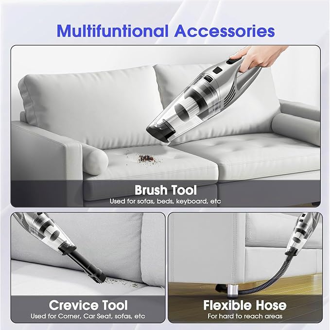 Car Vacuum Portable Cordless – 9000PA Strong Suction, Lightweight & Rechargeable – Includes Multi-Nozzle Attachments for Car, Home, Office, and Pet Hair – Compact & Powerful Grey Vacuum