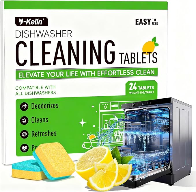 Dishwasher Cleaner and Deodorizer Tablets, 24 Pack - Helps Remove Limescale & Odor, Prevents Buildup in Pipes, Safe for All Dishwashers, Lemon Scent - 12 Month Supply