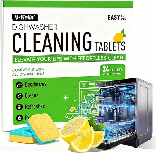 Dishwasher Cleaner and Deodorizer Tablets, 24 Pack - Helps Remove Limescale & Odor, Prevents Buildup in Pipes, Safe for All Dishwashers, Lemon Scent - 12 Month Supply