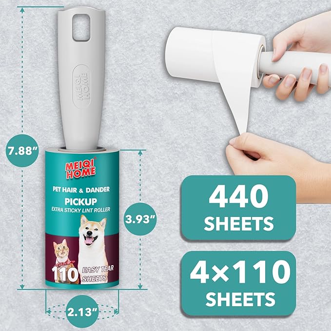 MEIQIHOME Lint Rollers for Pet Hair Extra Sticky, 440 Sheets Value Set Lint Roller with 2 Upgraded Handles, 4 Rollers Portable Pet Lint Remover for Clothes, Furniture, Carpet, Dog & Cat Hair Removal