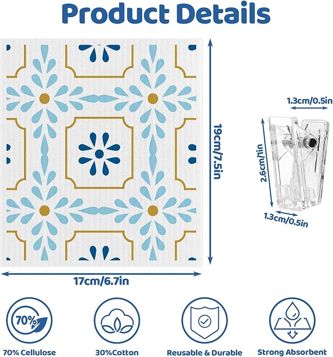 6 Pack Swedish Dishcloths for Kitchen,Swedish Rags Dish Towels with Clips, Reusable Paper Towels Washable Absorbent Cellulose Sponge Cloths for Cleaning Home Kitchen Valentines Gifts for Women