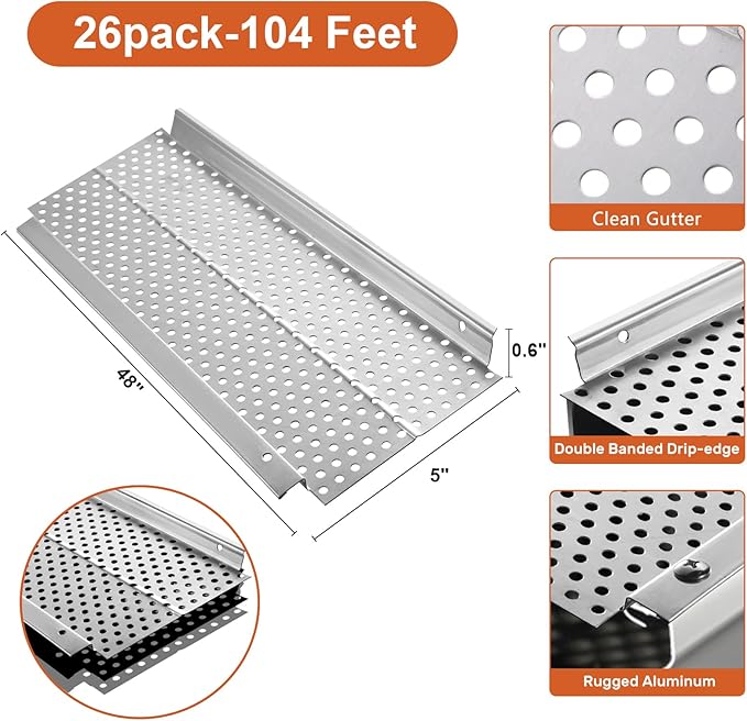 5 inch Gutter Guard, 26 Pack, 104ft, Aluminum Mesh Leaf Guards, DIY Leaf Filter Gutter Protection Cover, Raptor Gutter Guard Cleaning Tools for Downspout, Roof, with Screws