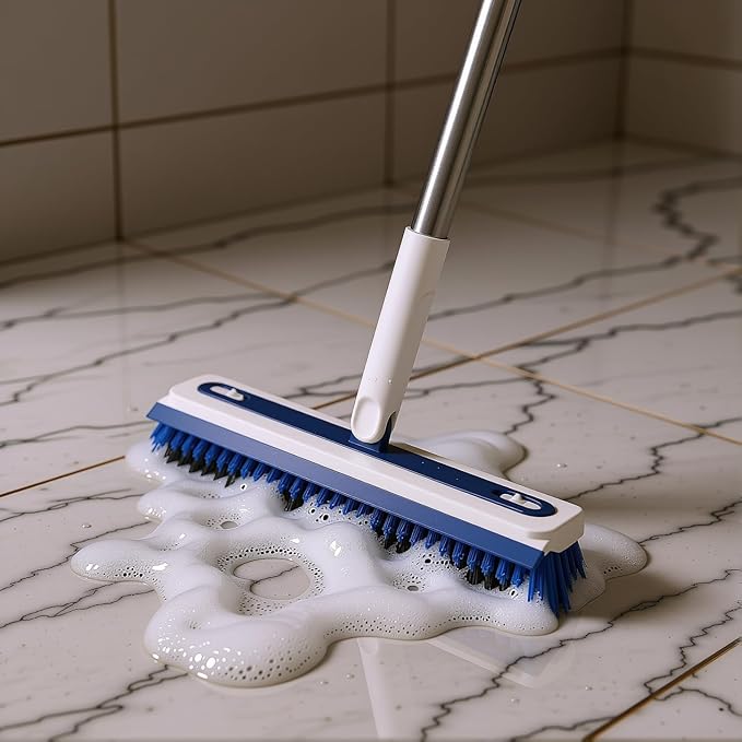 4-in-1 Floor Scrub Brush with Long Handle V-Shaped Crevice Brush Floor Scrubber Mop with Squeegee and Tweezer for Cleaning Gap Tile Bathroom Kitchen Patio Deck Garage