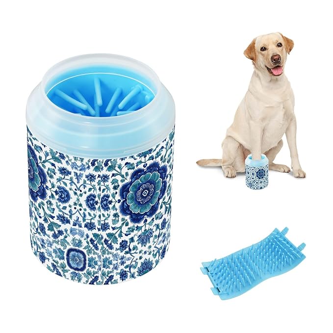 Dog Paw Cleaner Cups for Dogs Pets Foot Washer Paw Scrubber for Medium Small Cats Dogs Cute Cleaning Cup Floral Blue and White Vine