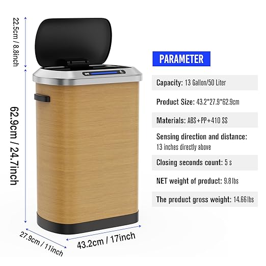 pouseayar Wood Color 13 Gallon 50L Smart Automatic Trash Cans, Stainless-Steel Thickened Body with Super Mute Sensor Lid and 30 Count Garbage Bags for Kitchen Office Bedroom Waste Bin and More