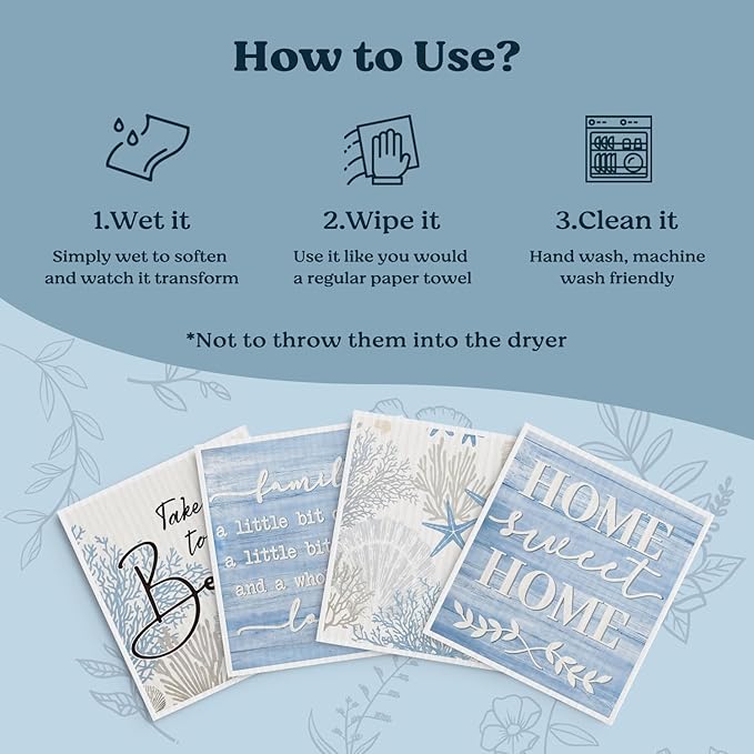 Swedish Dishcloths for Kitchen, Summer Coastal Ocean Kitchen Dish Towels for Washing Dishes, 4 Pack Reusable Paper Towels, Home Sweet, Sponge Cloths for Cleaning Home Kitchen Decor