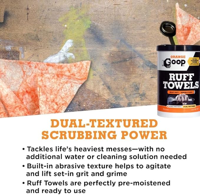 GOOP Heavy Duty Ruff Towels with Scrubbing Power, 10” x 12” Dual Textured Multi-Purpose Cleaning Wipes, Removes Dirt, Grease, Oil - 6 Pack
