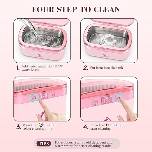 LifeBasis Ultrasonic Jewelry Cleaner, 17 OZ Ultrasonic Cleaner with 42kHz, Portable Jewelry Cleaner with 5 Cleaning Timer and Watch Holder for Jewelry Eyeglasses Watches Gold - Pink