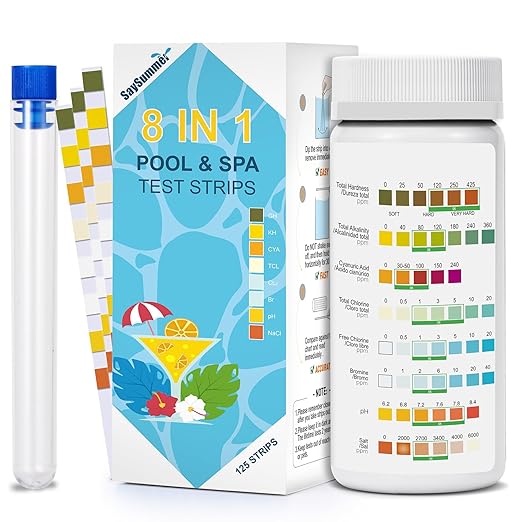 Salt-Water Pool Test Strips Kit: 125 Counts 8-in-1 for Salt Water Pool Testing Kit, Salt Pool Test Strips for Hot Tub Spa Testing Salt Chlorine pH and More