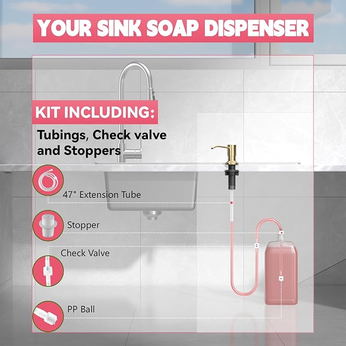 Sink Soap Dispenser, OHiHi Kitchen Sink Soap Dispenser with 47" Extension Tube, Wide Pump Head Base, No Water Leaking, No Need to Fill The Little Bottle Again, Gold