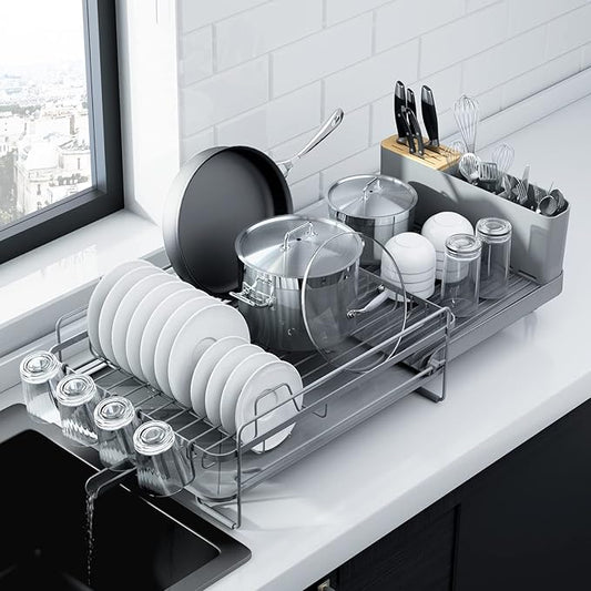 Kitsure Large Dish Drying Rack - Extendable Dish Rack, Multifunctional Dish Rack for Kitchen Counter, Anti-Rust Dish Drainers with Cutlery & Cup Holders 19.2"-26.7" L x 12.9" W, Grey