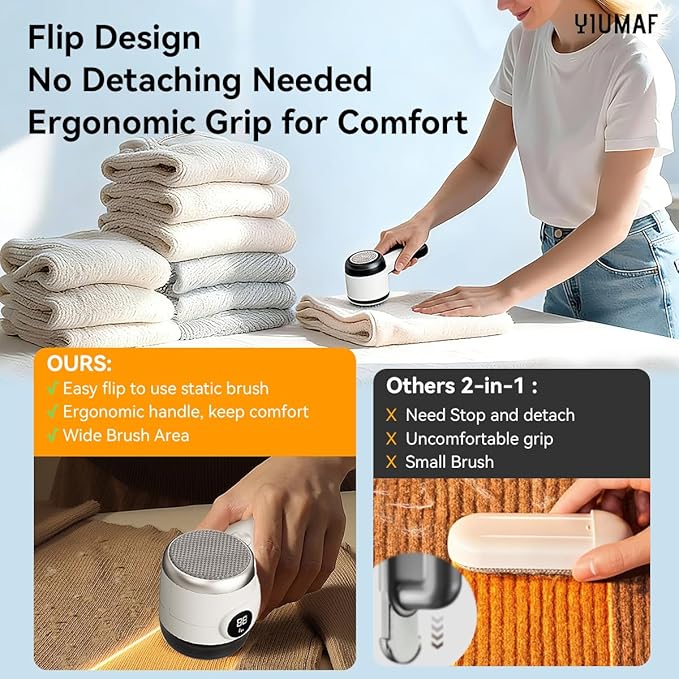 Cordless Rechargeable 2-in-1 Fabric Shaver & Lint Remover for Clothes, Electric Pill Remover with Static Brush for Sweater, Sofa, Blanket, Furniture,3-Speed, USB-C, 6-Blade