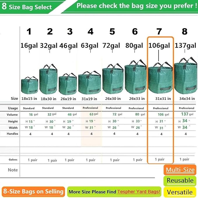 Professional 2-Pack 106 Gallon Big Lawn Garden Bags (D31,H31 inch) Large Yard Waste Bags with Gardening Gloves,Leaf Bag,Yard Debris Bags,Garden Trash Container,Lawn Grass Clippings,Weeds Bag 4 Handles