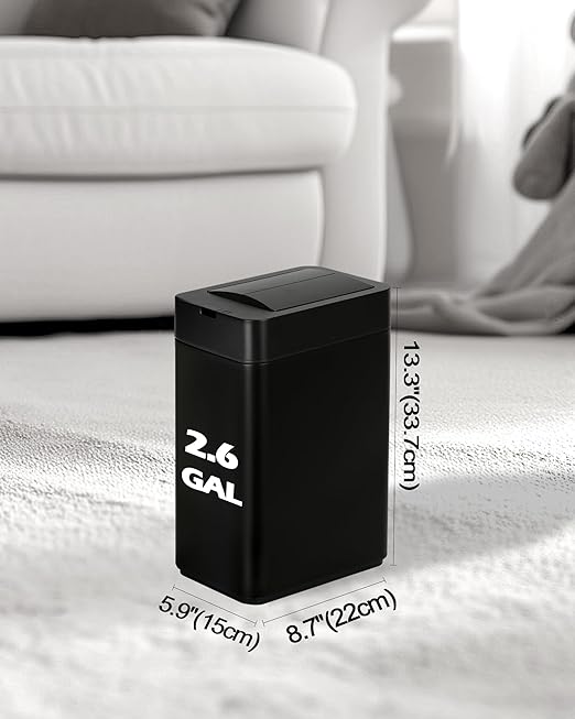 ELPHECO Bathroom Trash Can with Lid 2.6 Gallon Smart Trash Can Slim Motion Sensor Garbage Can Automatic Stainless Steel Wastebasket Bathroom Decor for Bedroom Office Toilet Black