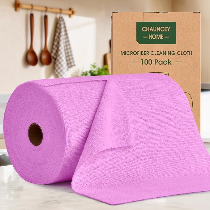 Microfiber Cleaning Cloth Roll - 100 Pack Tear Away Microfiber Paper Towels, Reusable, Washable, Scratch-Free, Kitchen Towels for Car, Home, Kitchen, Glass, Dishes (Light Purple)