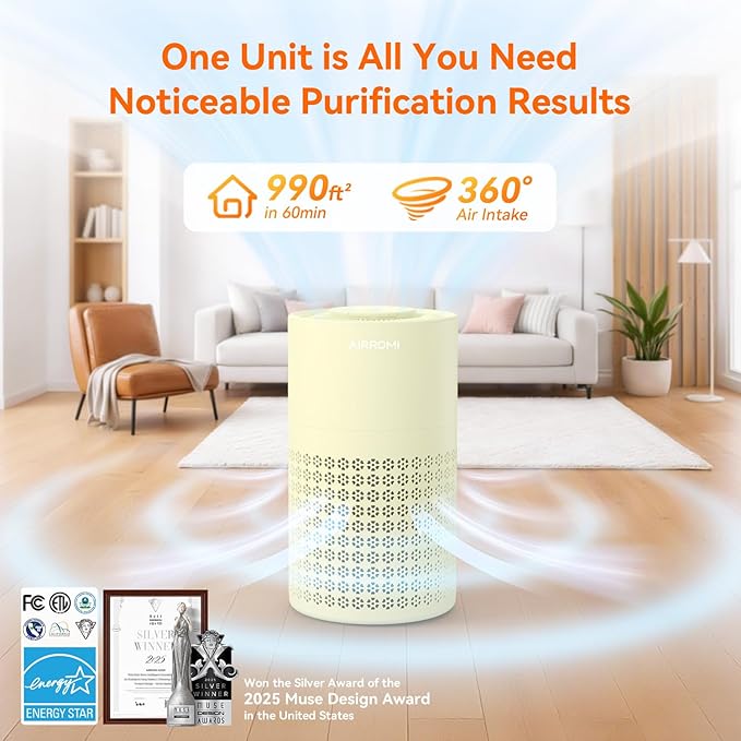 AIRROMI Air Purifier for Bedroom with HEPA Fet Filters, Pet Air Purifiers for Home Cat Pee Smell, Covers Up to 990Ft², Quiet 360° intake Air Cleaner for Allergies Dust Smoke Odor A2001 Yellow