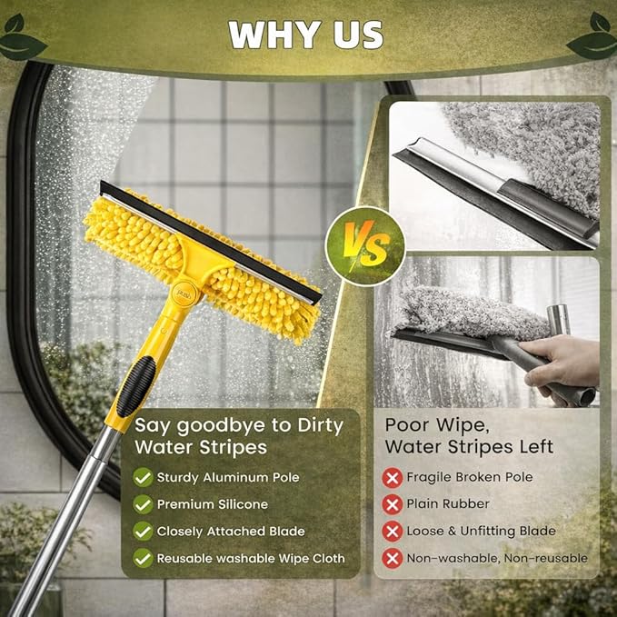 370'' Long Reach Window Squeegee with Telescoping Extension Pole, 2-in-1 Indoor/Outdoor Cleaning Tool with 270° Rotatable Head, Lightweight Alloy Aluminum Pole for Shower Door, Mirror, Car Windshield