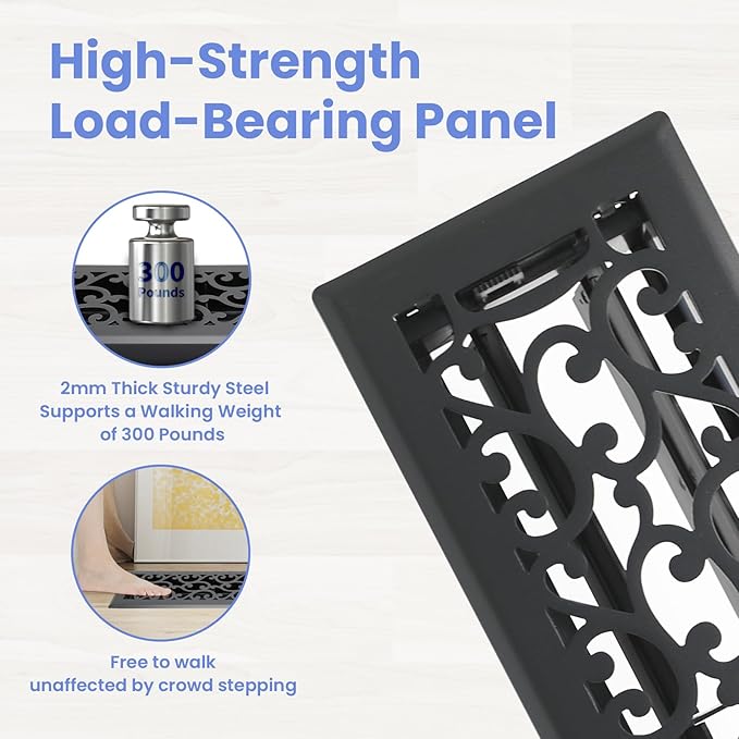 4x14 Inches Heavy Duty Walkable Floor Register - Easy Adjust Air Supply Lever Decorative Floor Vent Covers, Savannah Design Vent Covers for Home - Matte Black
