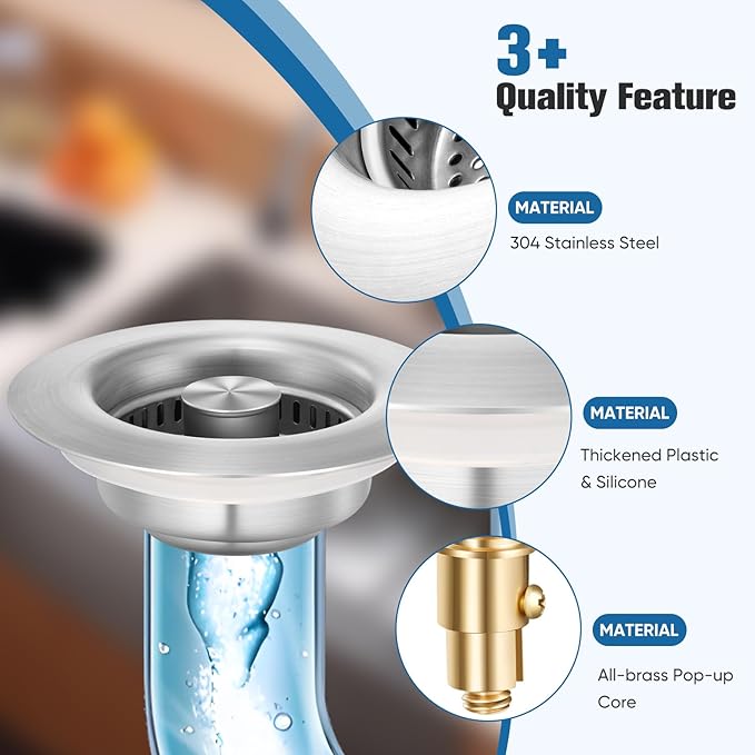 2 Pack Sink Drain Strainer Kitchen Sink Drain Strainer&Sink Stopper,Stainless Steel Pop up Sink Drain Strainer,Anti-Clogging Basket Strainer,High Durability with Brass Core,Fit 3-1/2",Chrome