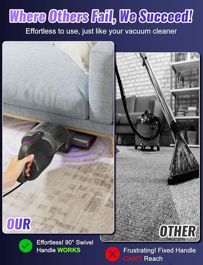 GHUSTAR Bed Mattress Vacuum Cleaner New Folding Design - 18 Kpa Cleaner Vacuum with HEPA Filter, 253.7nm UV-C Light and 140°F Heat - Powerful Handheld Vacuums for Bed Couch Crib Carpet